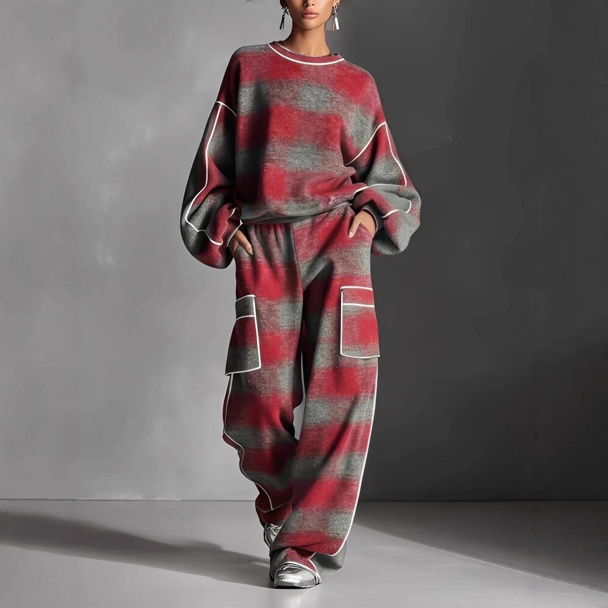 Women's Independent Brand Street Style Distressed Plaid Pantsuit With Contrasting Piping
