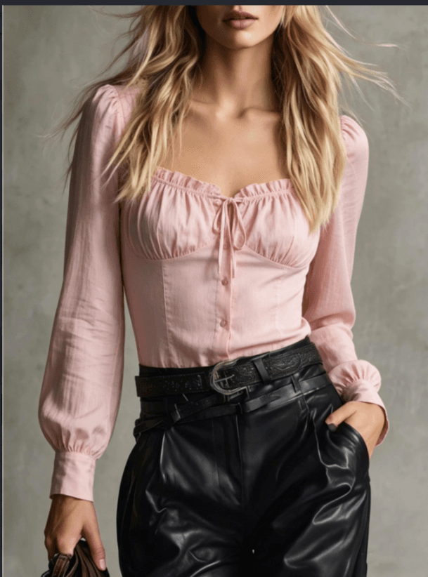 2026 Square Collar Lace Up Waistband Bubble Sleeve Shirt