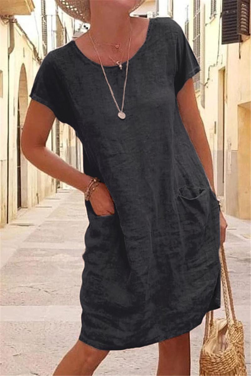 2026 Independent Site Wish New Summer Loose Solid Color Pocket Short-Sleeve Round-Neck  Dress For Women