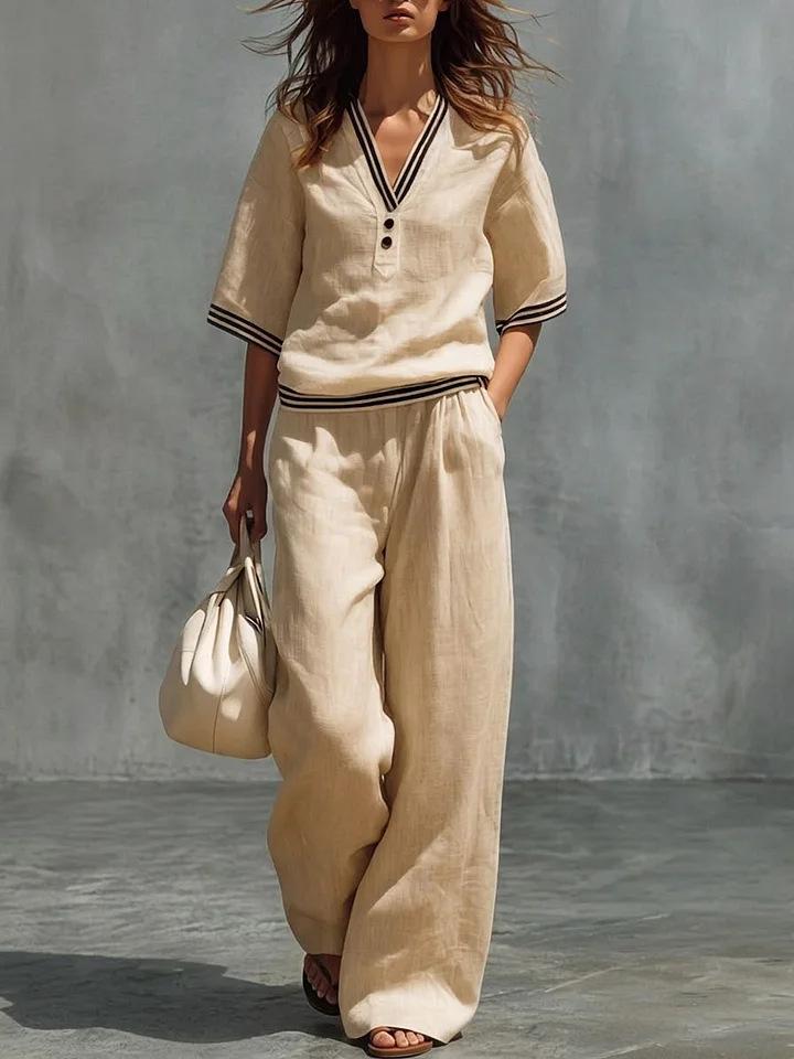 Cotton-Linen V-Neck Casual Comfortable Short-Sleeve Shirt And Pants Set