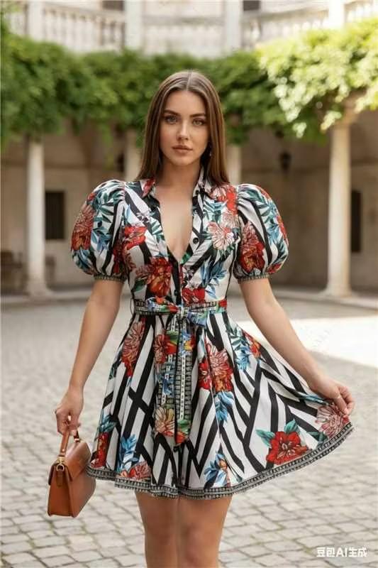 Floral Print Puff Sleeve Shirt Dress With Belt