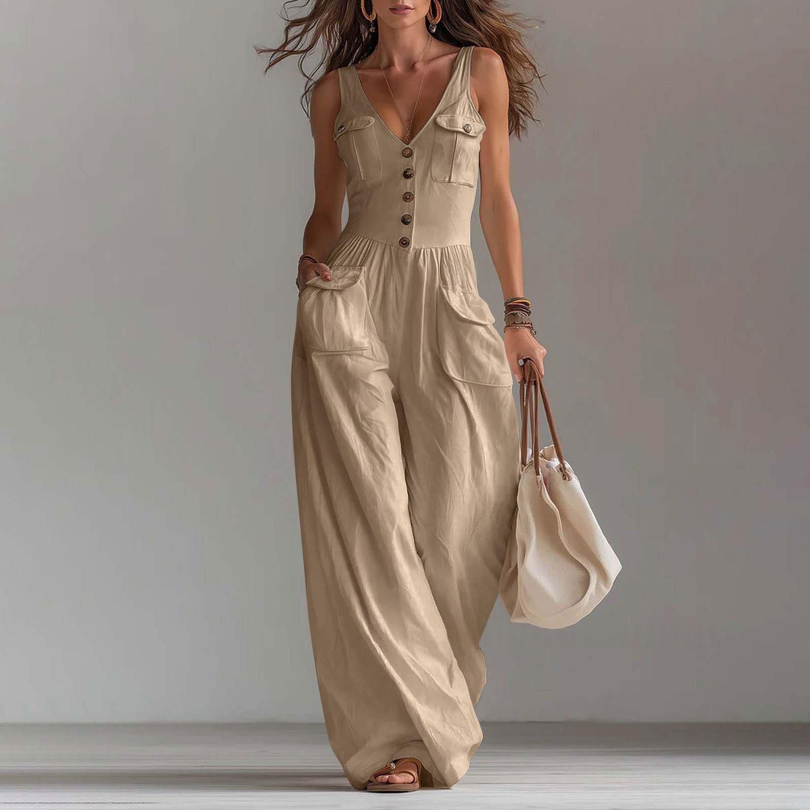Casual Sleeveless Wide-leg Jumpsuit With Patch Pockets