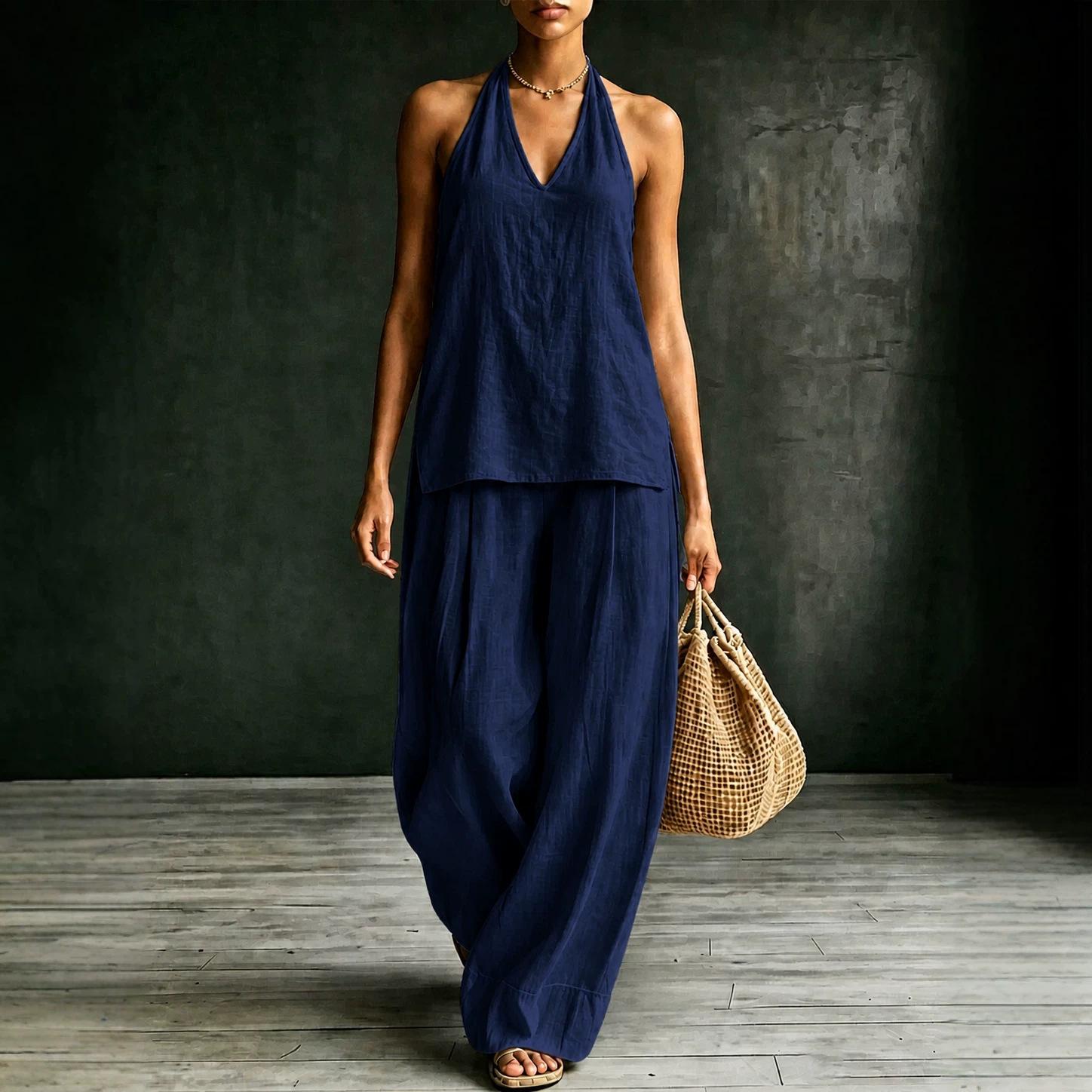 Women's Halter Neck V-Neck Sleeveless Casual Set