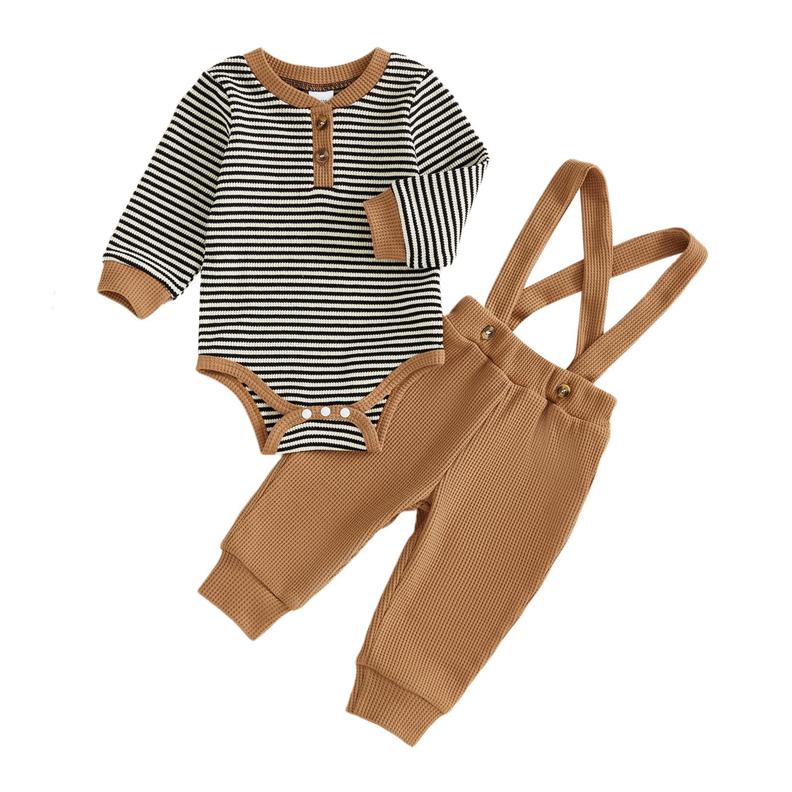 Striped Waffle-knit Long-sleeve Romper Waffle-knit Suspender Pants