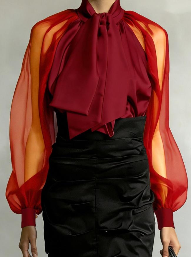 Women's French Retro Style Flowy Collar Slightly Sheer Puff Sleeve Loose Shirt