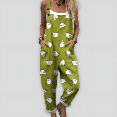 Printed-button Casual Suspender Pants For Women