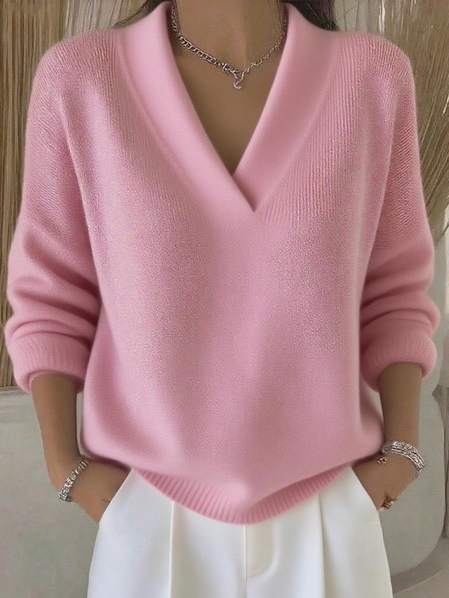 Elegant Soft V-neck Long Sleeve Women's Sweater Knitted Loose Sweater Autumn And Winter New Solid Color Casual Fashion Women's Knitted Sweater