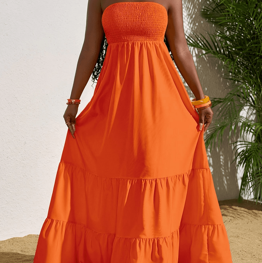 Vibrant Strapless Pleated Multi-layered Full Skirt Dress, Women's Sleeveless Long Resort Style Dress