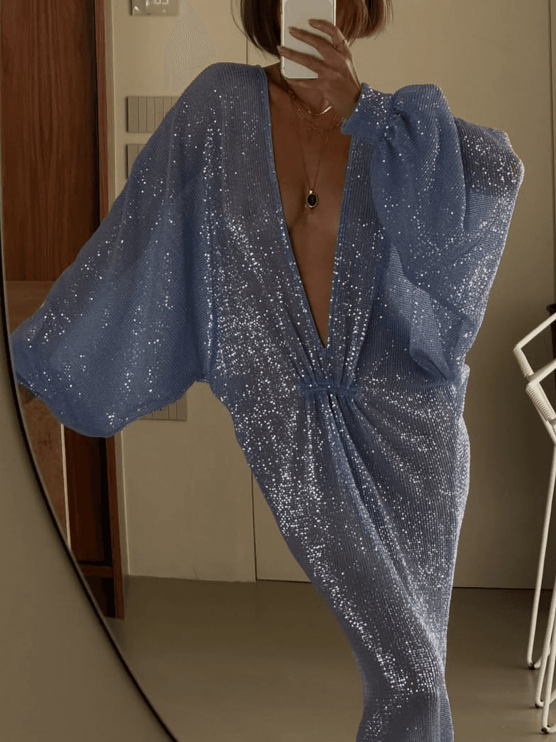 Ice Blue Sequin Deep V Lantern Sleeve Maxi Dress