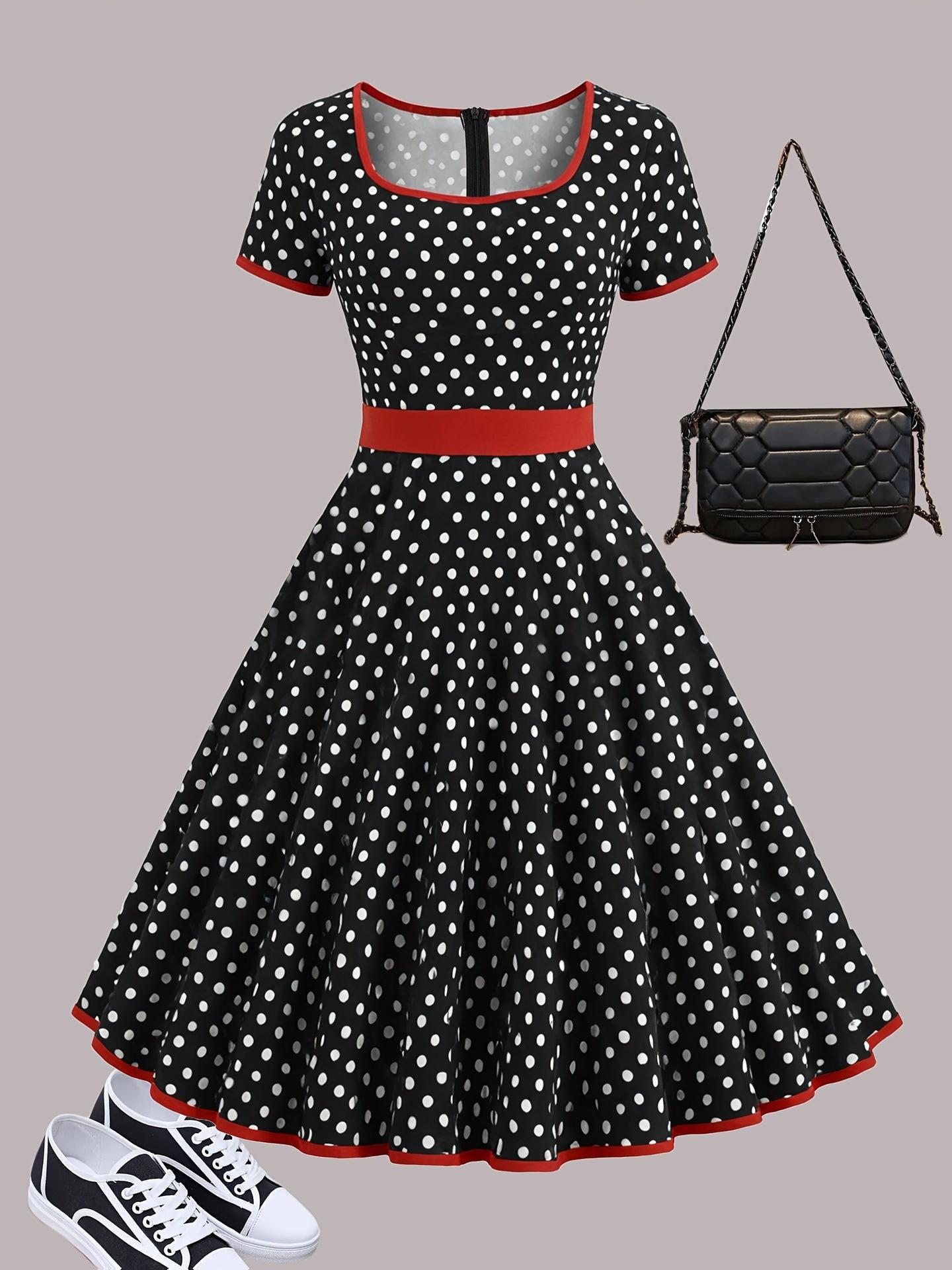 Elegant Style Square Collar Short Sleeve Polka Dot Zipper Pleated Dress
