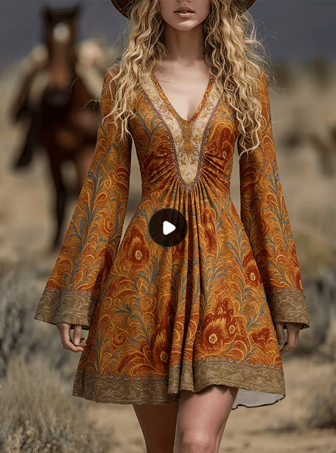 Retro V-neck Fitted Waist Flared Sleeve Printed Dress, Women's Long-sleeved Short Dress