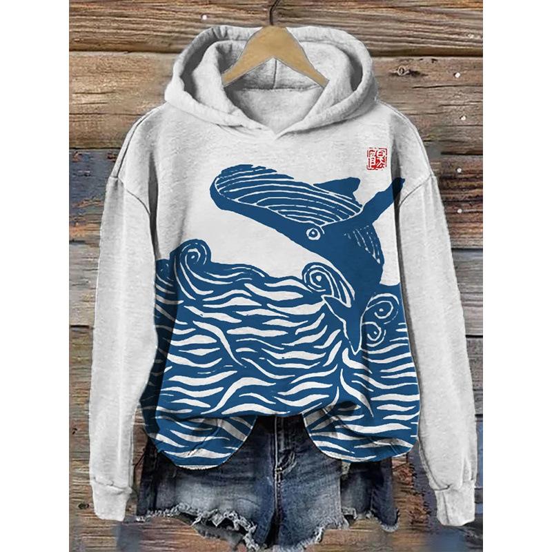Womens Printed Hooded Long-Sleeve Pullover Sweatshirt