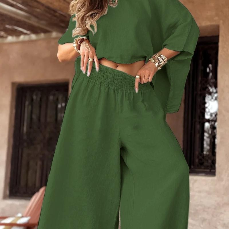 Solid Color Loose Round Neck Off-the-shoulder Women's Summer Suit