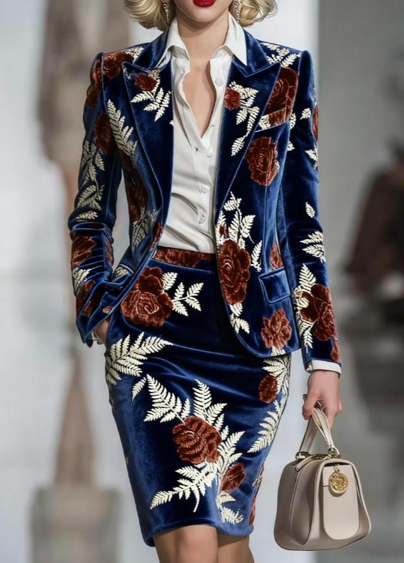 Elegant Velvet Printed Suit And Pencil Skirt Set