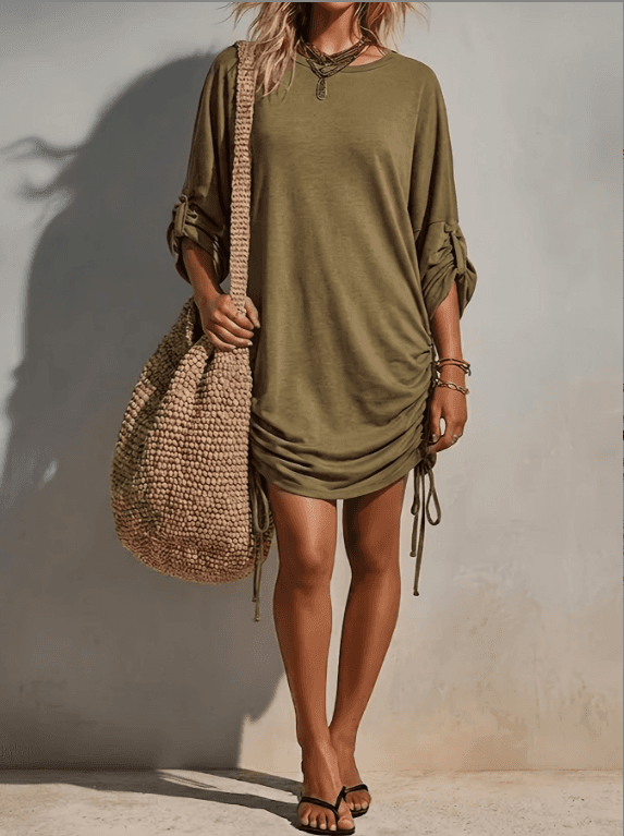 Military Green Side Drawstring Loose Seven Quarter Sleeve T-shirt Short Skirt