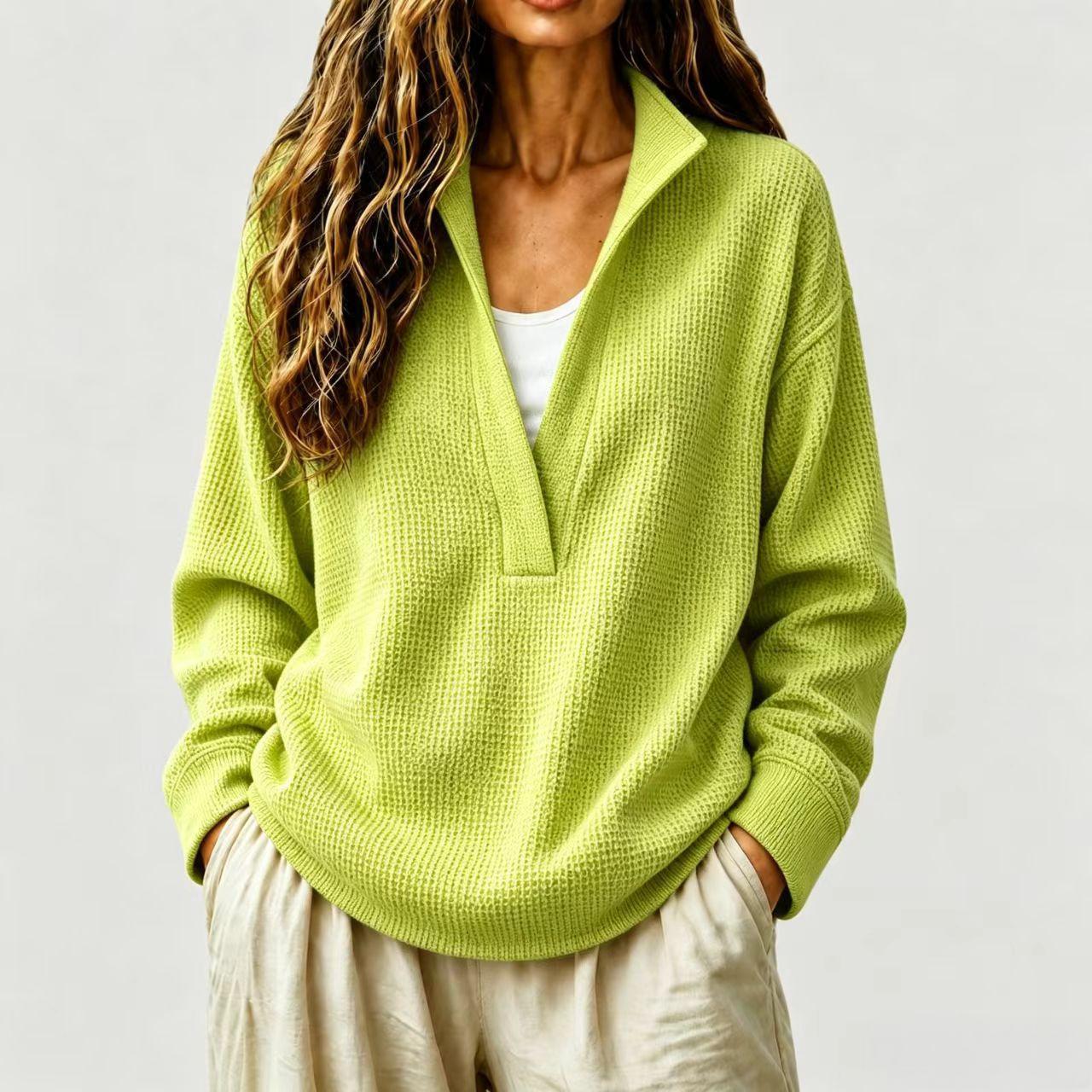 Womens Solid-color Long-sleeve Casual Loose-fitting Top