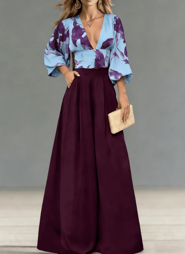 V-neck Puff Sleeve Top Wide-leg Pants Two-piece Set