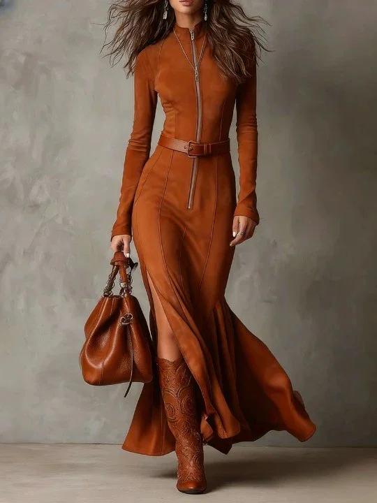 Slim Zipper Dress Elegant Temperament Split Long-sleeved Dresses Cowboy Fashion Retro Women's Clothing