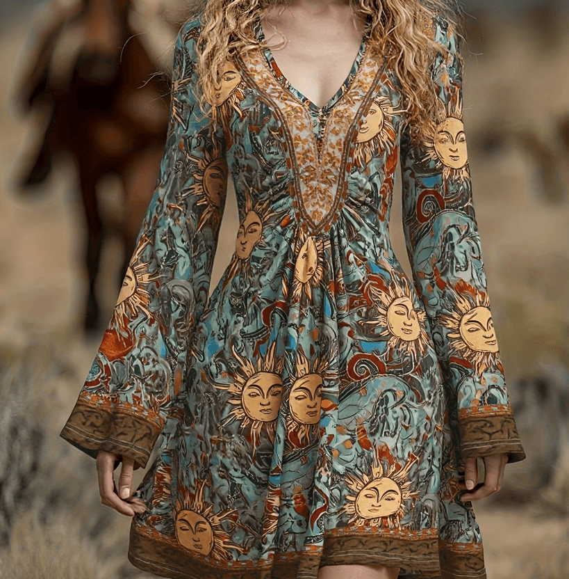 Retro V-neck Fitted Waist Flared Sleeve Printed Dress, Women's Long-sleeved Short Dress