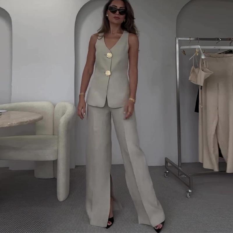 Solid-color  Sleeveless Slim-fit Vest Paired With Professional Tailored Suit Pants