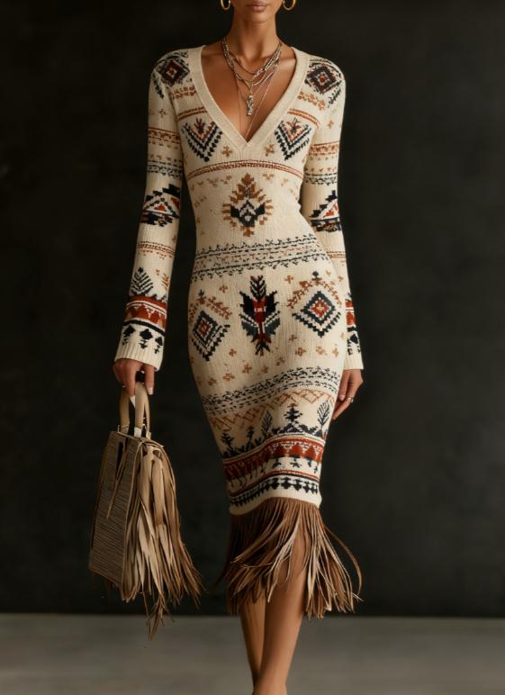 Tassel-trimmed V-neck Knitted Casual Dress