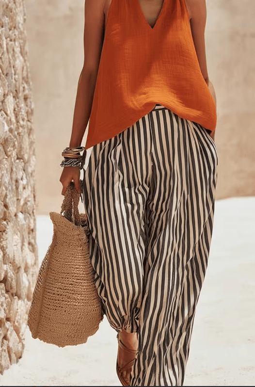 V-Neck Sleeveless Linen-Blend Top & Black-and-White Striped Lantern Pants Set