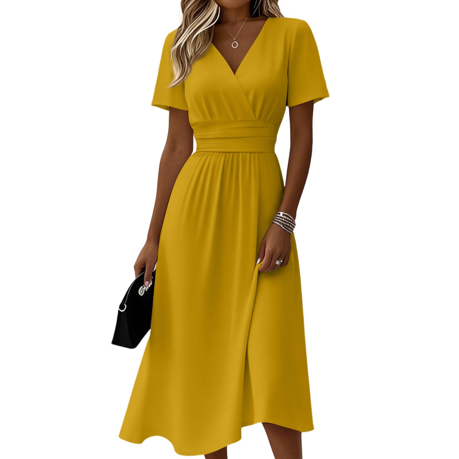 Womens Solid-Color Casual Short-Sleeve V-Neck Dress
