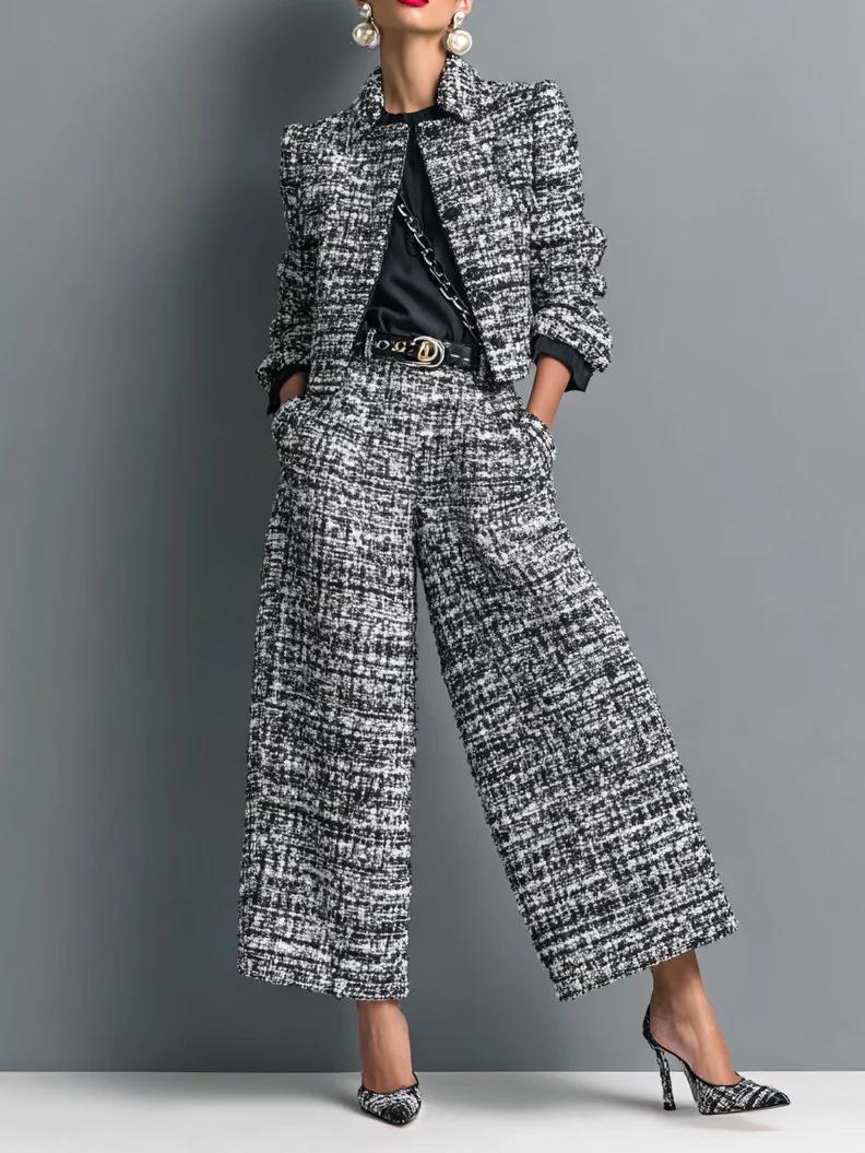 2025 Cross-Border European And American New Style Lapel Slim Women's European And American Style Long-Sleeved Short Jacket With Wide-Leg Pants Suit
