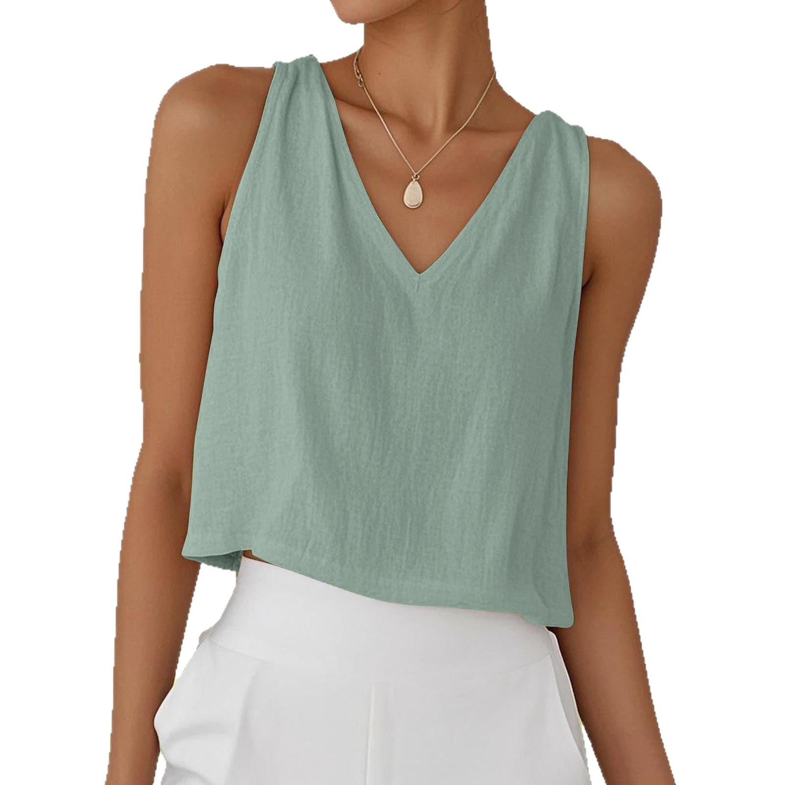 Womens Cotton-Linen Casual Camisole Sleeveless With V-Neck