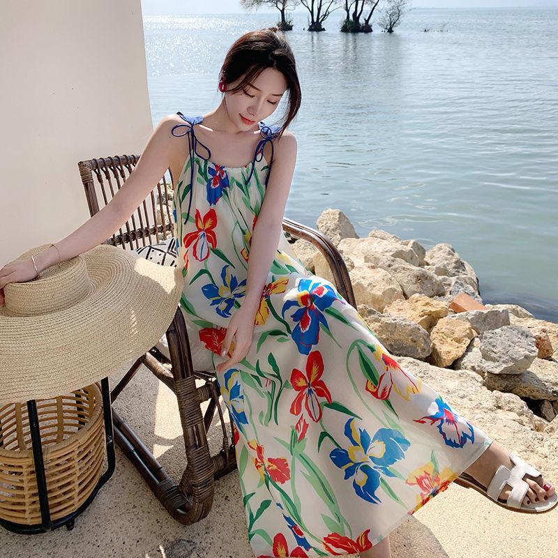 Printing Slip Dress Seaside Vacation Beach Women