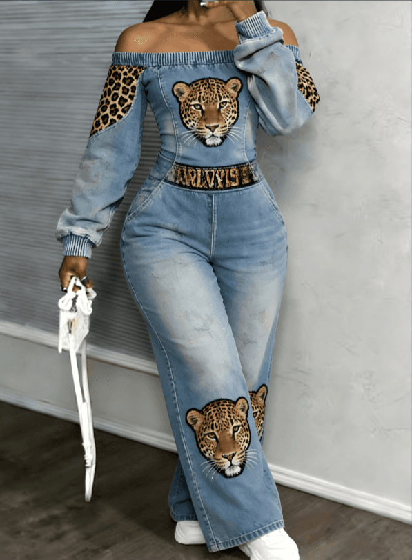 One-shoulder Leopard Print Embroidered Denim Jumpsuit