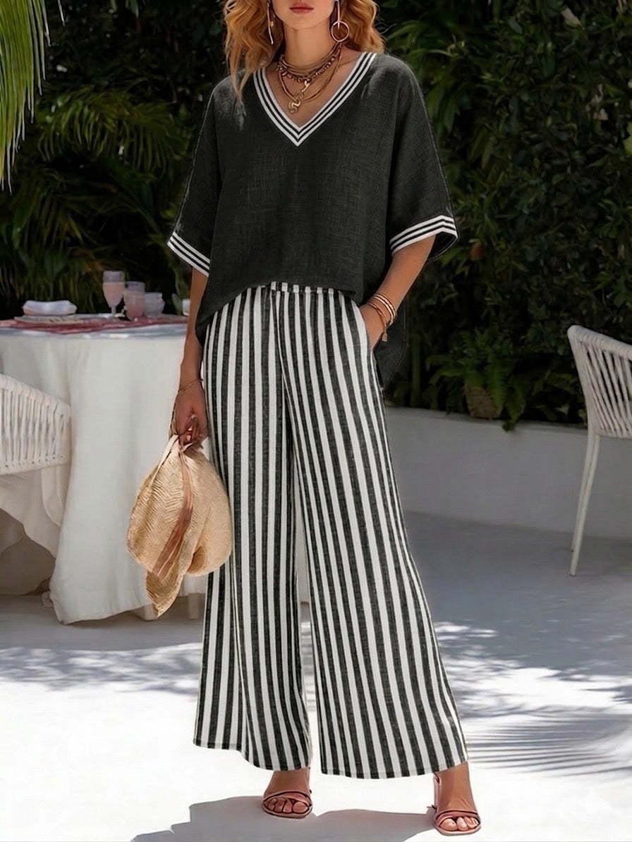 Tunic-style Striped Casual Trousers Womens Outfit