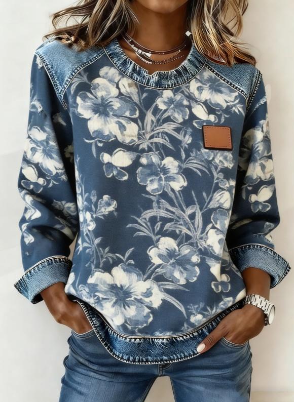 Casual Round Neck Color-blocked Printed Long-sleeved Loose Top