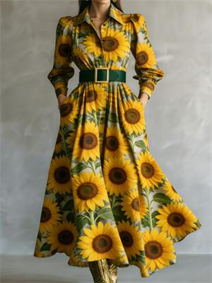 Waist-cinching Shirt Collar Casual Long Dress