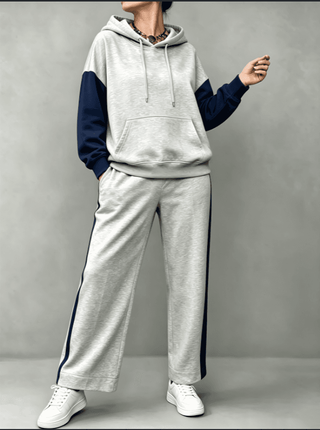 Navy Color Block Drawstring Hoodie & Side Stripe Wide Leg Sweatpants Two Piece Tracksuit Set