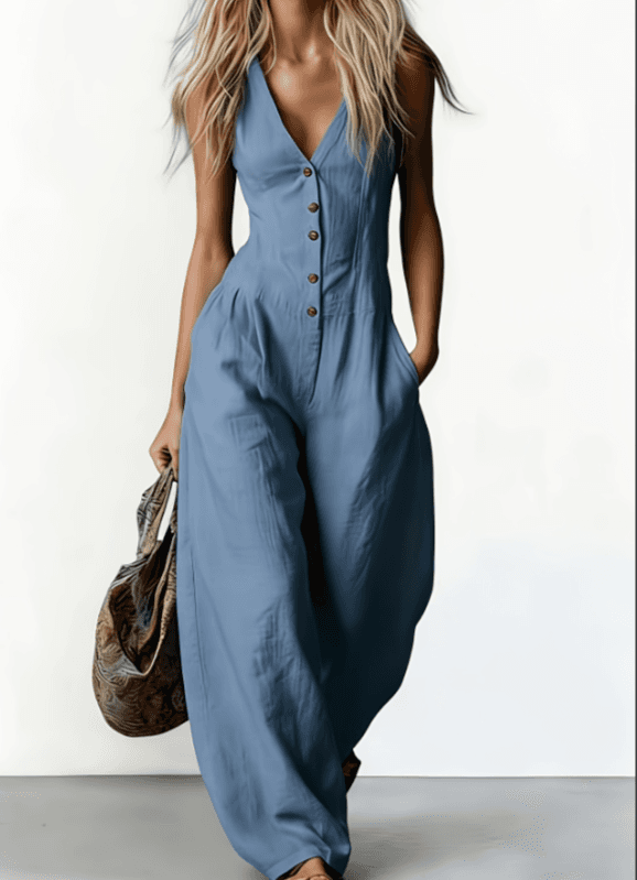 Yunqi White Cotton Deep V Wide-Leg Jumpsuit