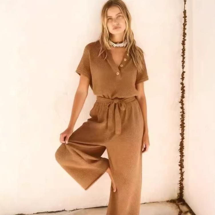 New Womens V-neck Buttoned Short-sleeve Wide-leg Pants With A Tie