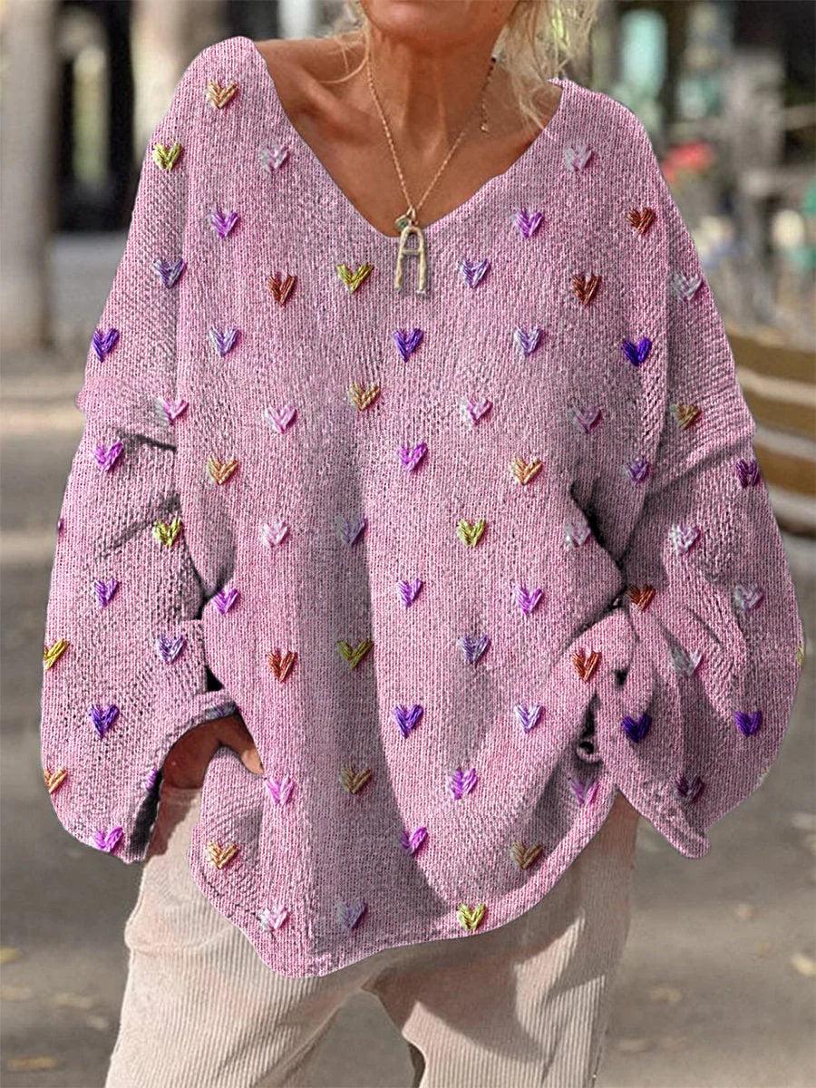 Women's Autumn Winter Lazy Style Loose V-neck Printed Pullover