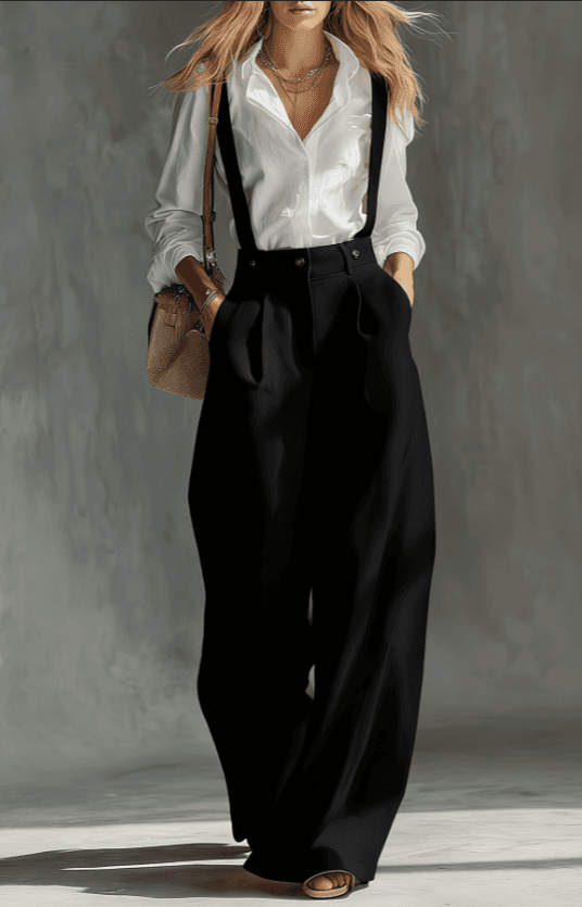 Versatile Solid-color Wide-leg Trousers Suspender Pants