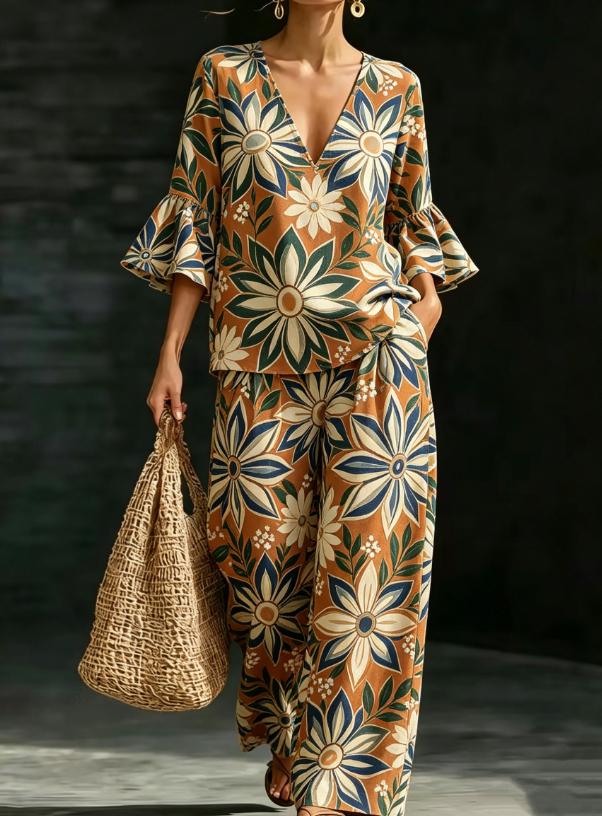 Solid-color V-neck Cotton-linen Chic Casual Two-piece Set With Wide-leg Pants For Women