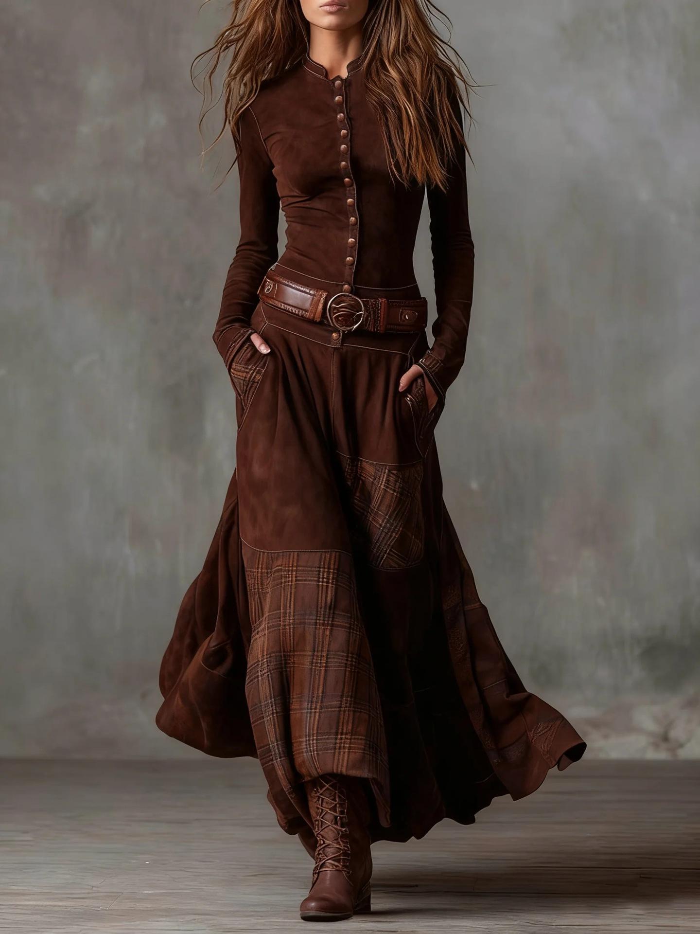 Retro Patchwork Patch Wide Leg Loose Long Sleeve Long Dress