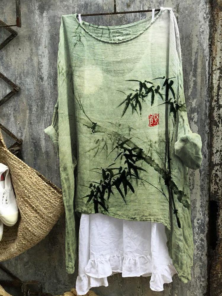 Womens Embroidered Loose Linen Top With Long Sleeves