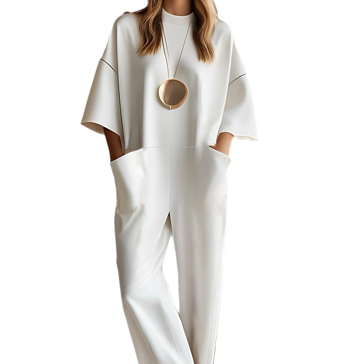 Round Neck Half Sleeve Pocket Solid Color Long Jumpsuit