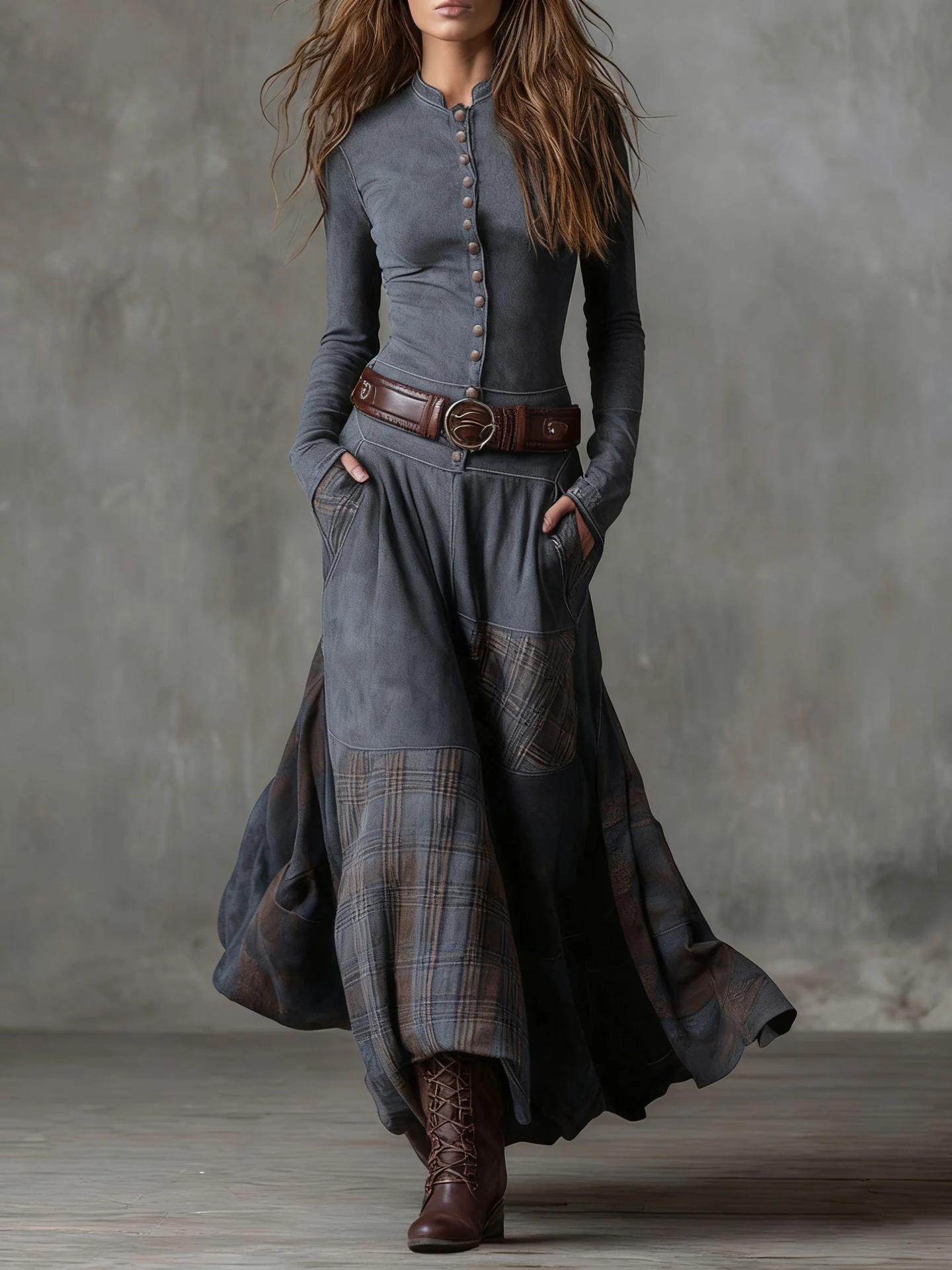 Retro Patchwork Patch Wide Leg Loose Long Sleeve Long Dress