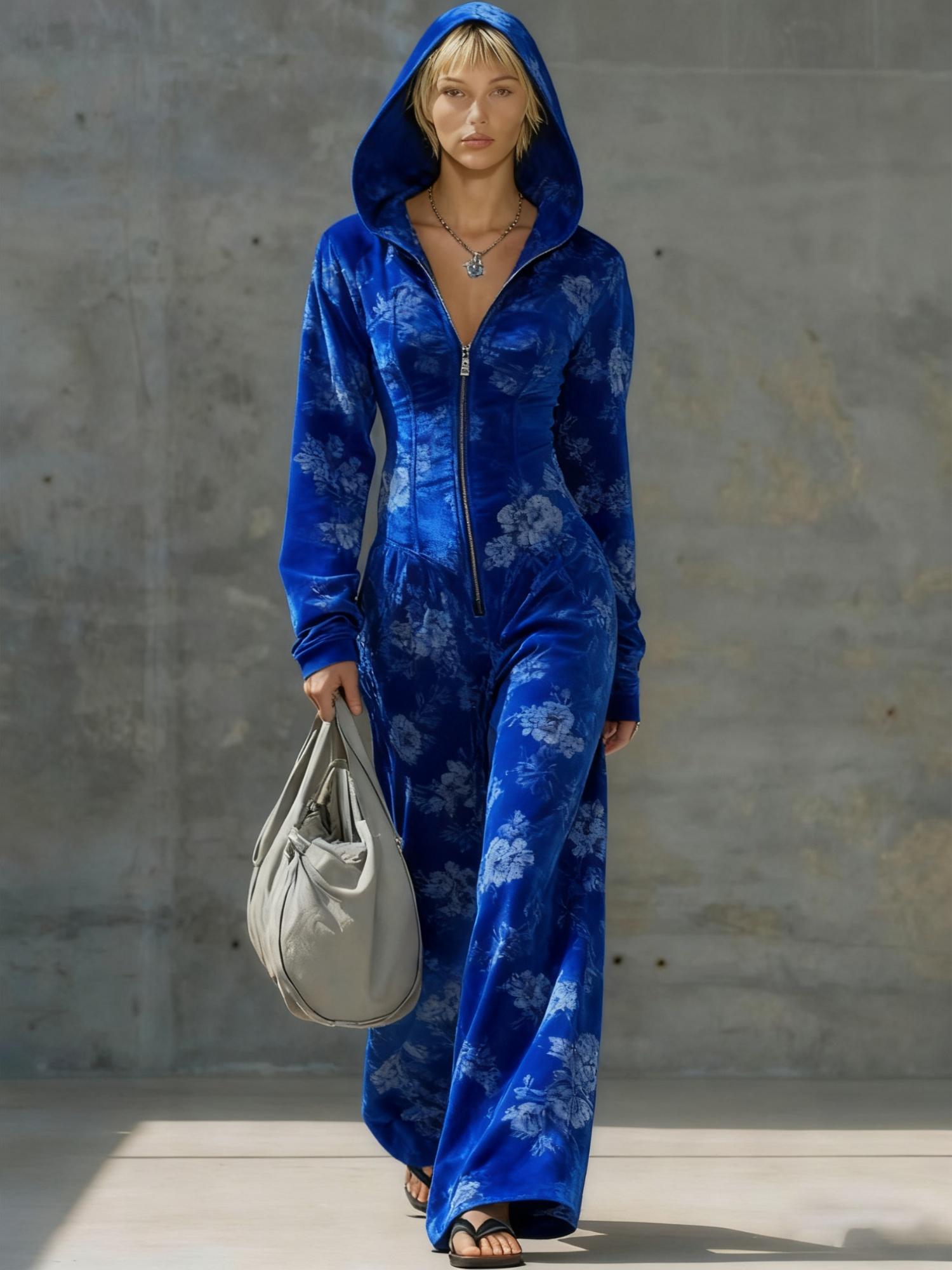 Printed Casual Hooded Zip-up Slim-fit Long Jumpsuit