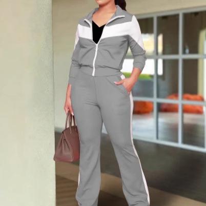 Fashionable And Comfortable Color-block Sporty Zip-up Jacket And Casual Pants Two-piece Set