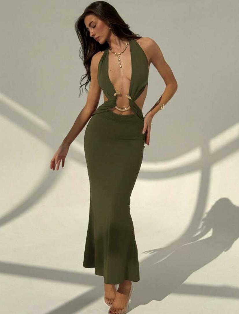 New Women's Sexy Hot Girl Halter Deep V-neck Dew Dress