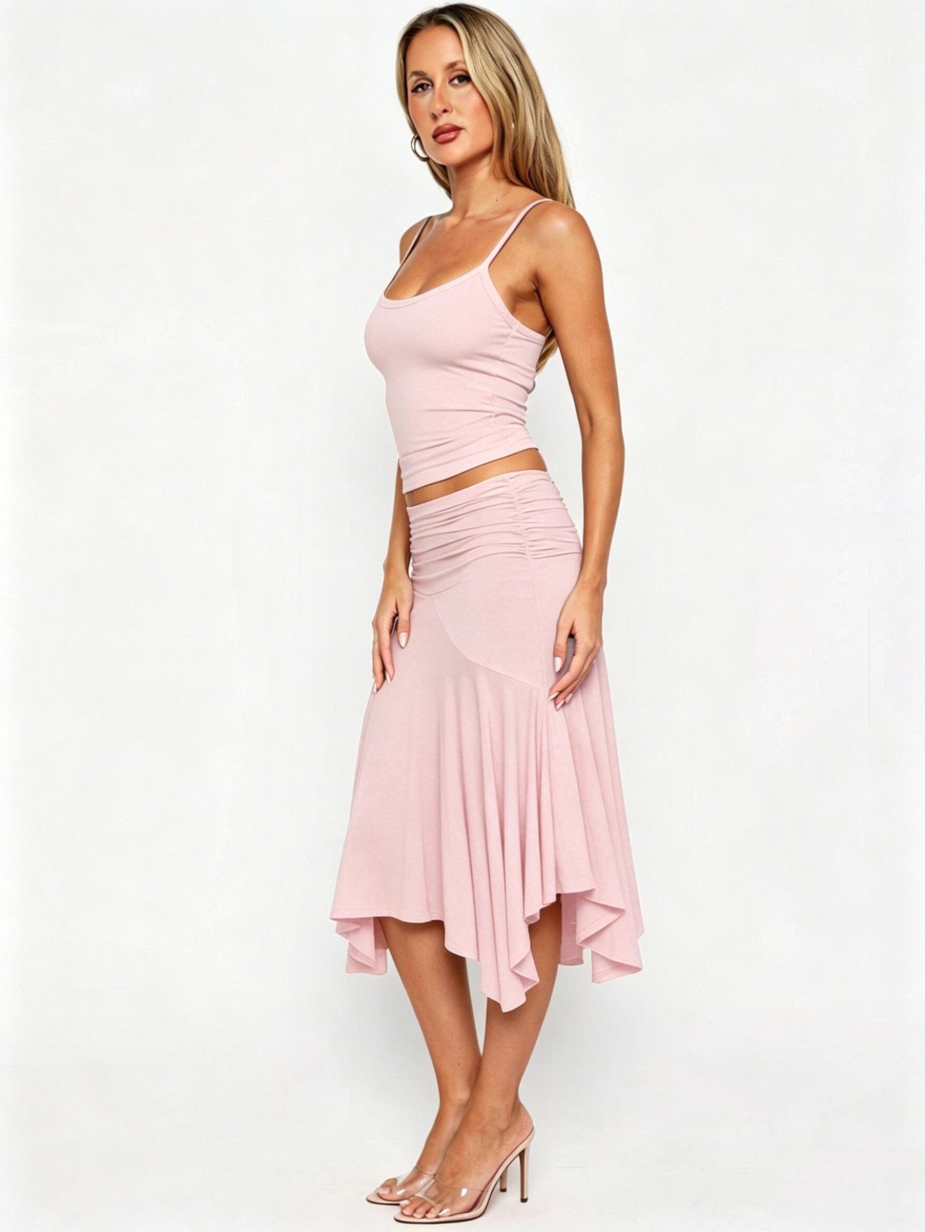 Two-piece Set Springsummer Womens Chic And Elegant Camisole Top With A Flared Skirt