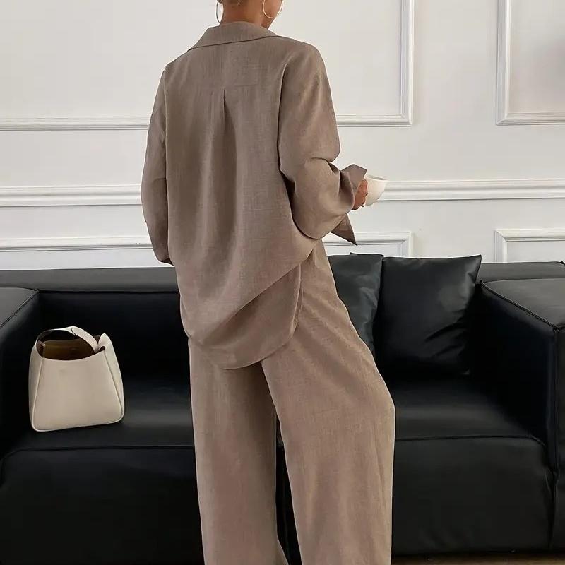Loose Profile Long Sleeve Shirt High Waist Drooping Wide Leg Pants Two-piece Set
