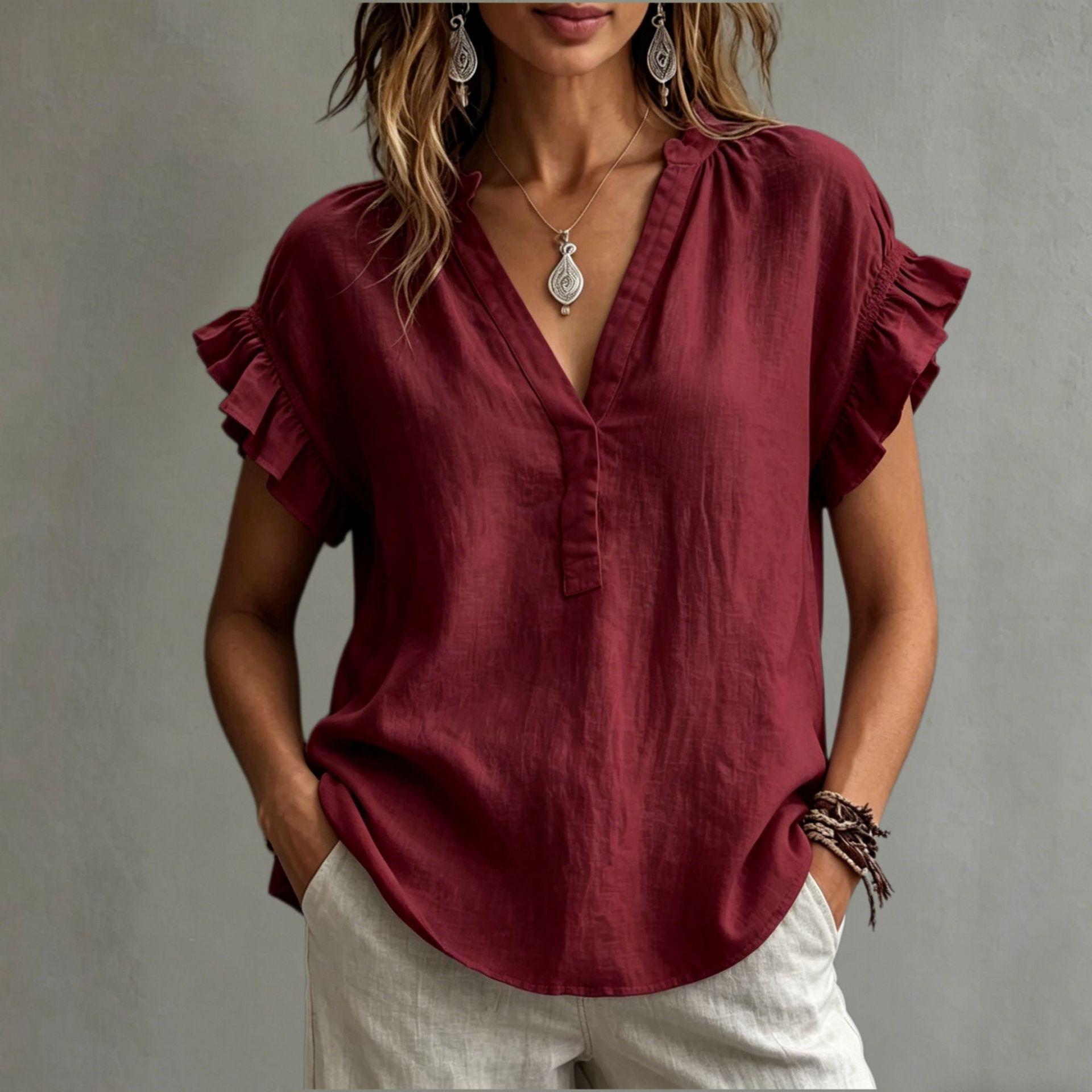 Summer Womens Bohemian-style Casual V-neck Short-sleeve Top